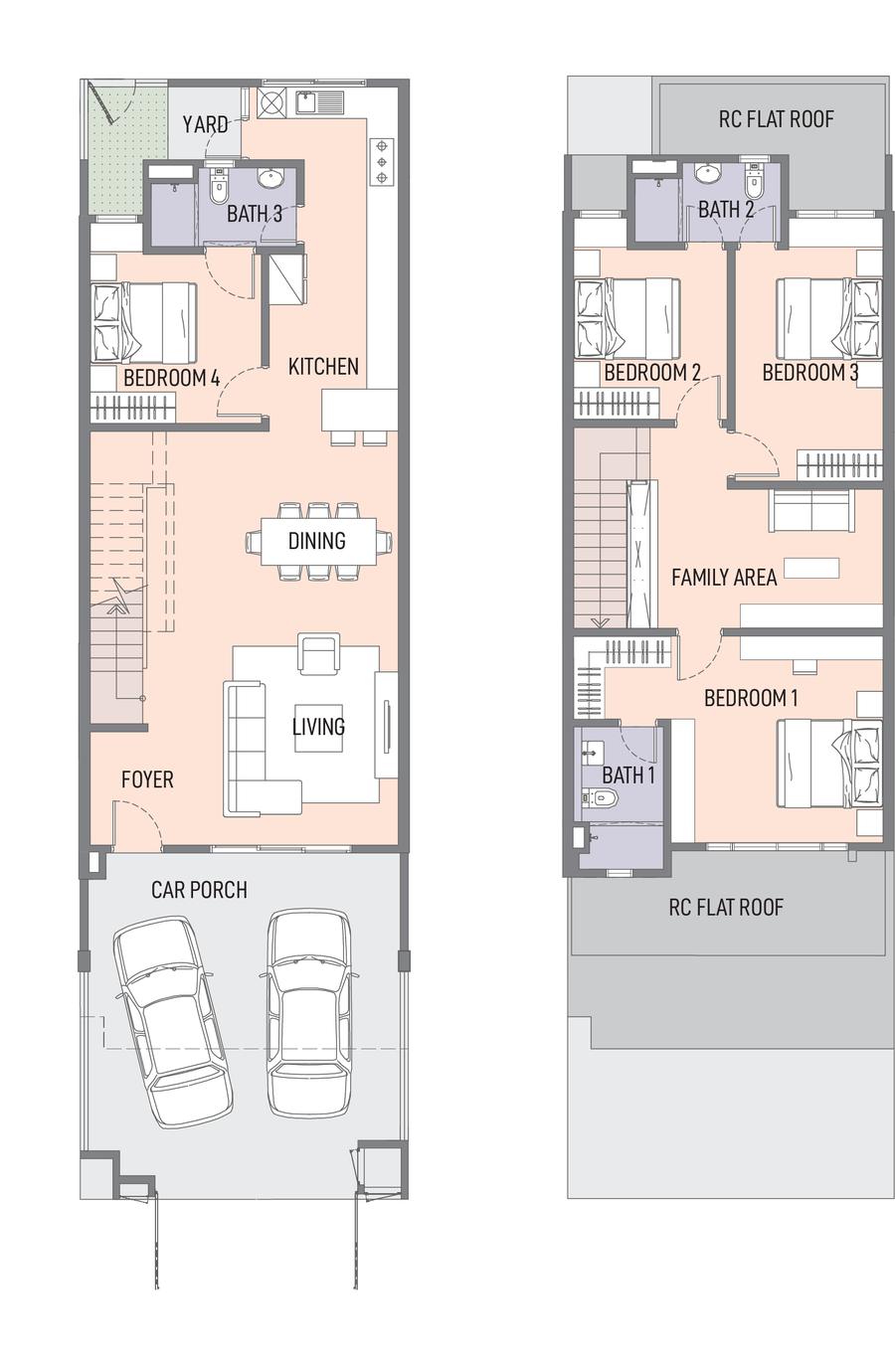 Type B floor plan, ground and first floor